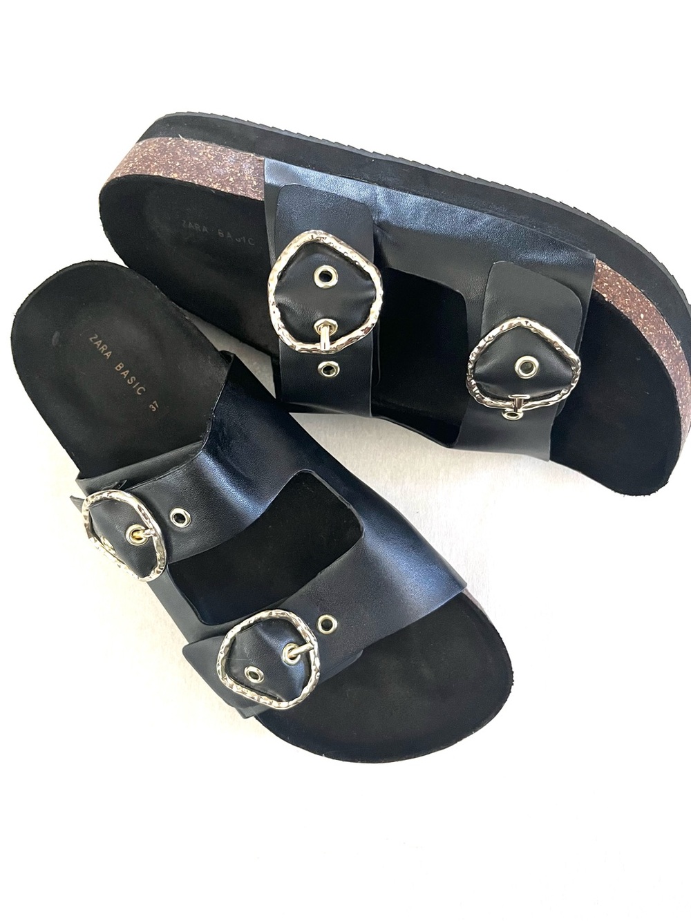 Zara Basic Slide Sandals with Decorative Silver Buckles